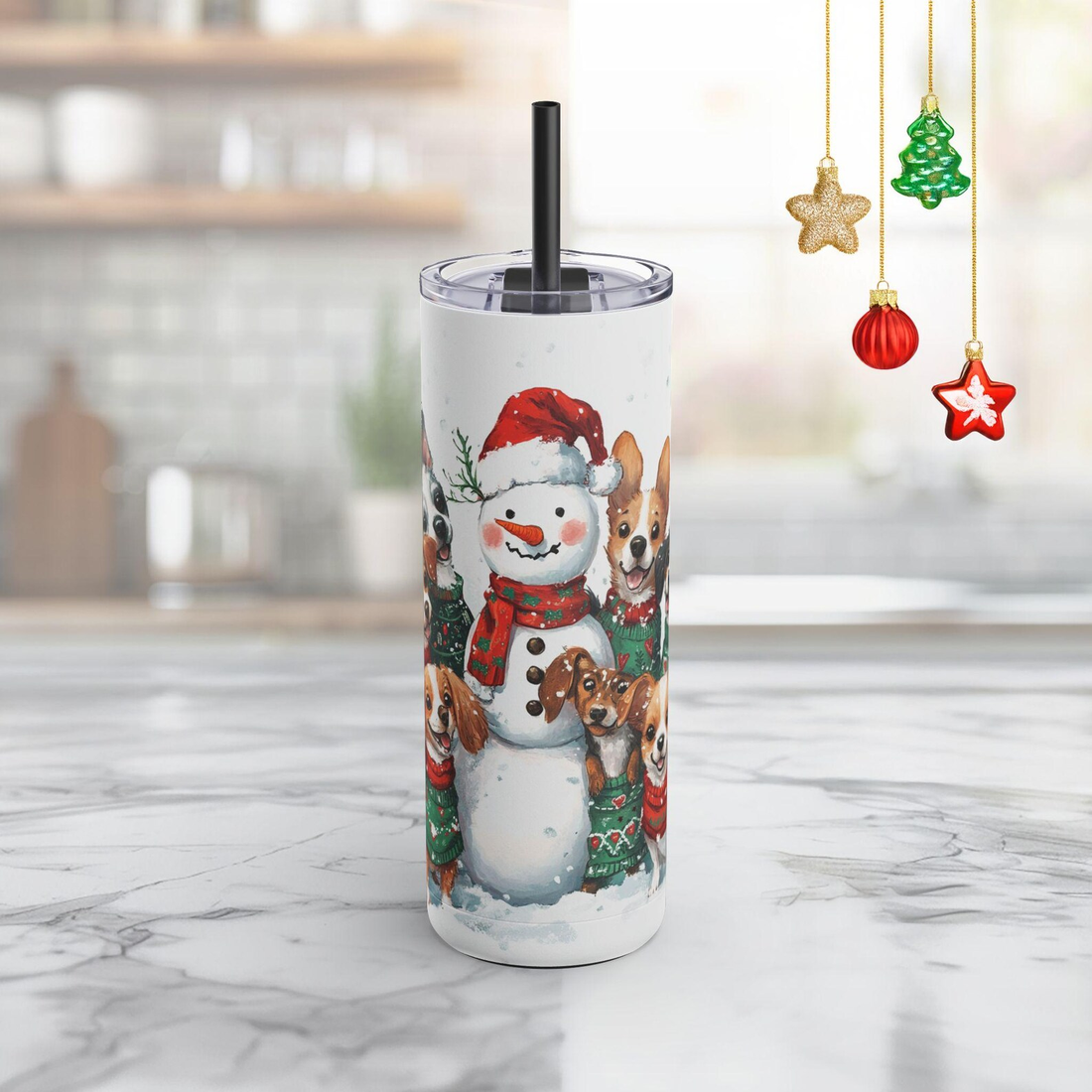 Cute Dogs Around a Snowman Tumbler