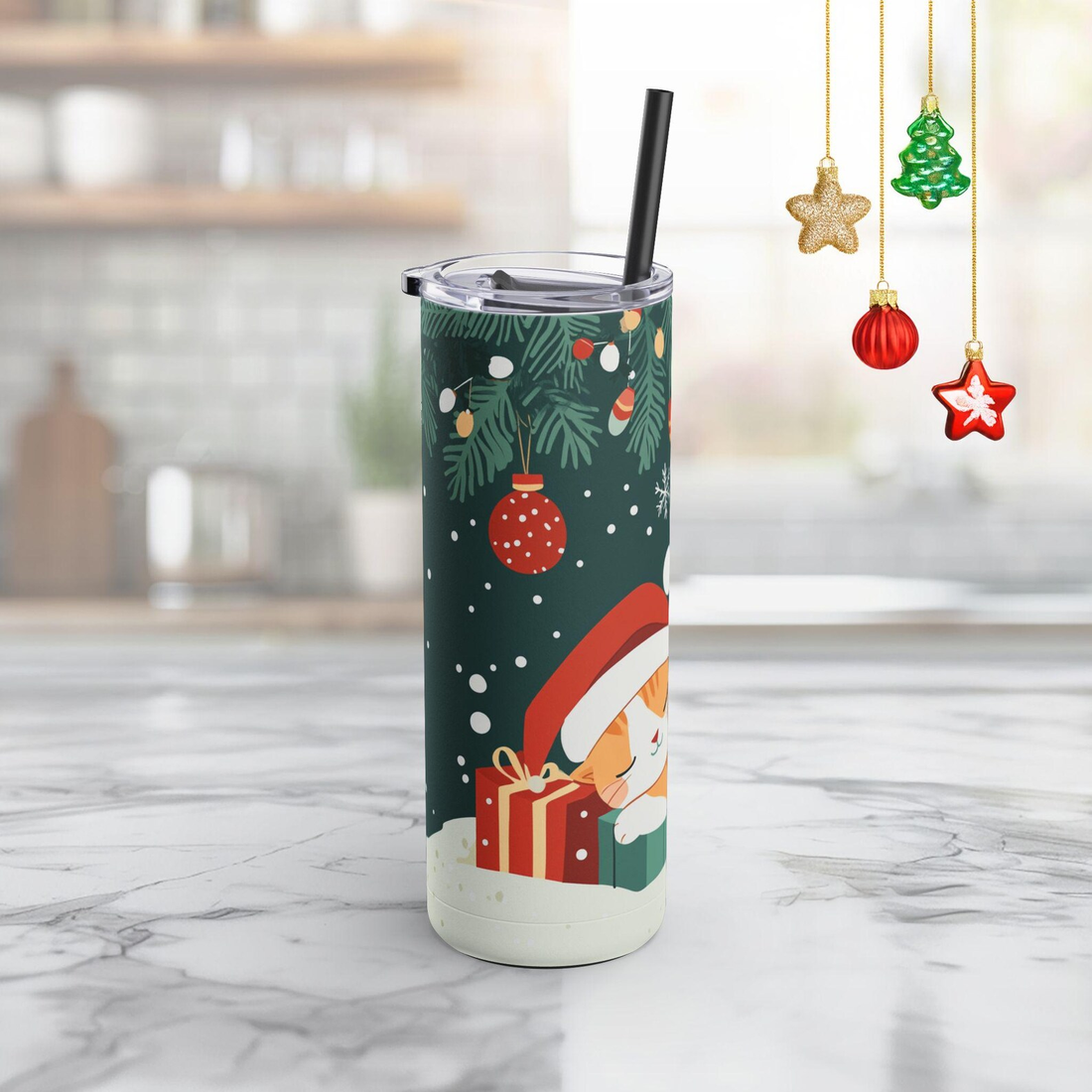 Kitty Sleeping in a Santa Hat Tumbler