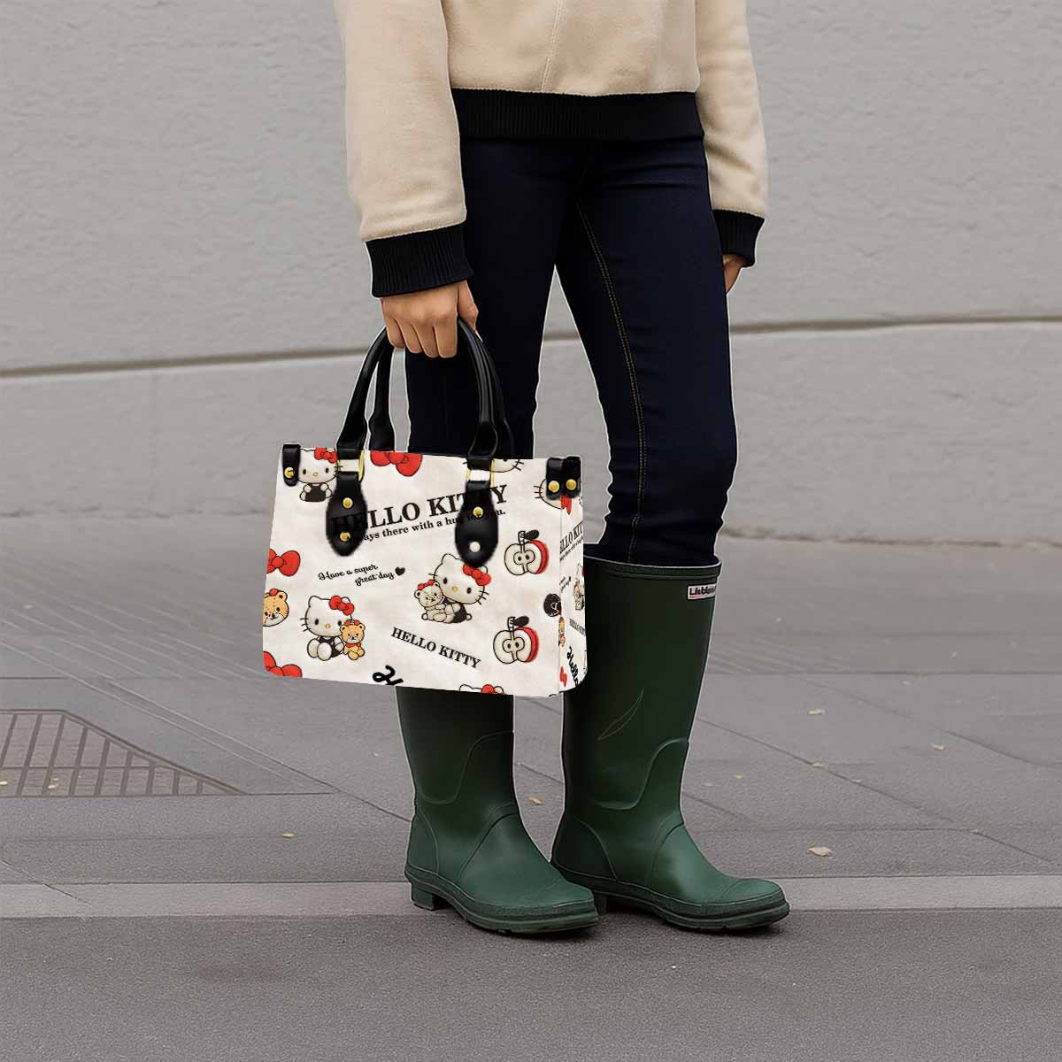 Hello Kitty Fluffy Plush Women Tote Bag with Black Handles