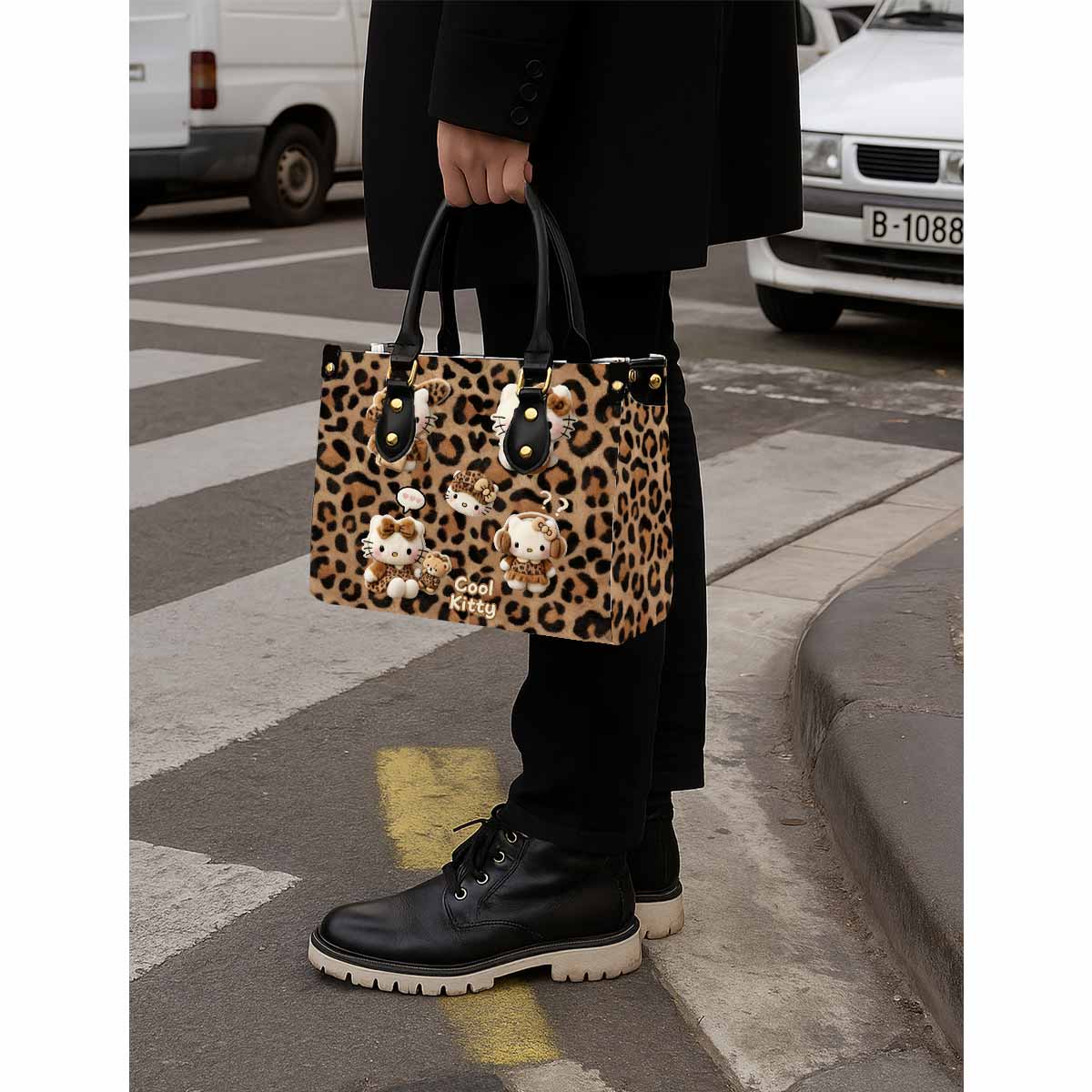 Hello Kitty Leopard Women Tote Bag with Black Handles