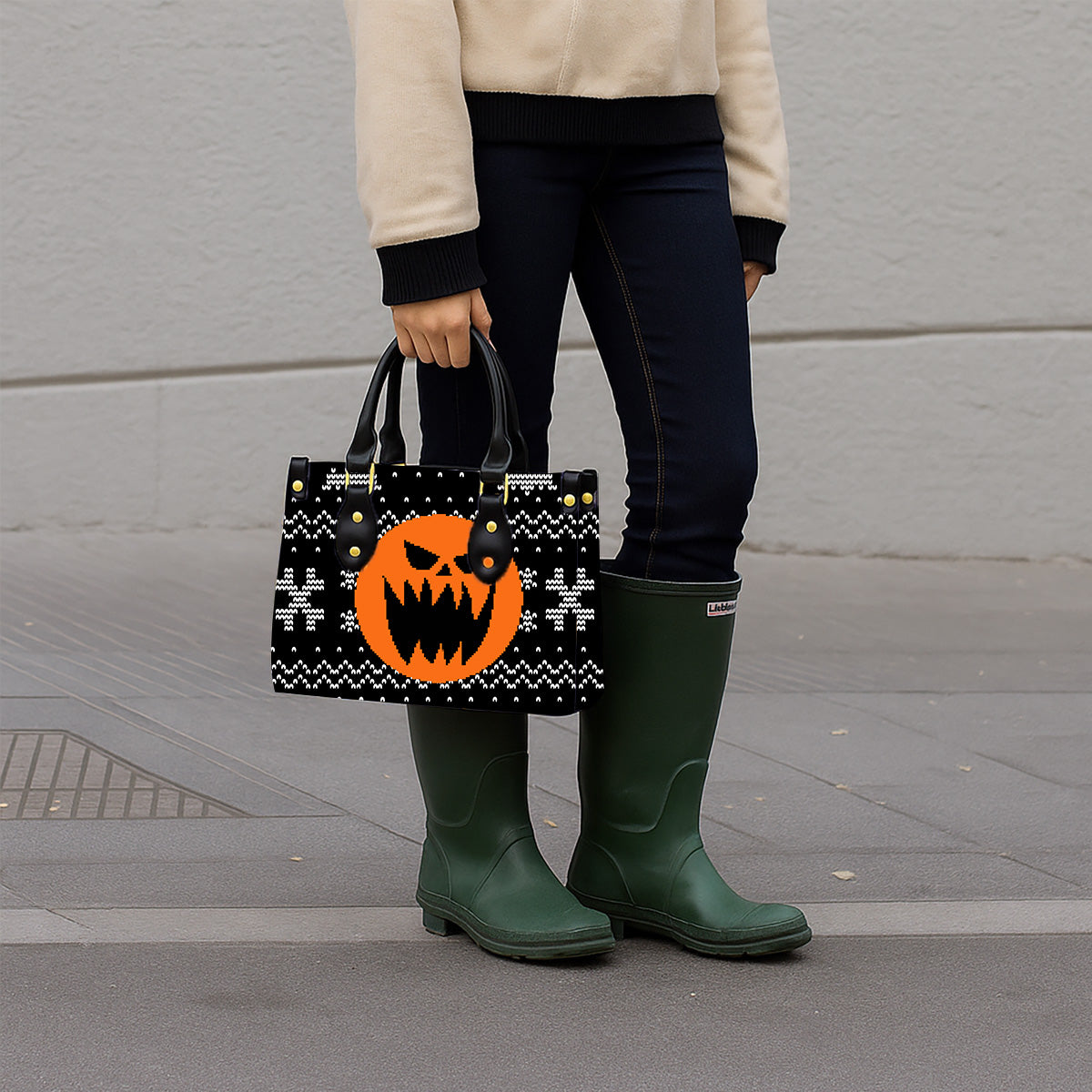 Jack Skellington Pumpkin Face Women Tote Bag with Black Handles