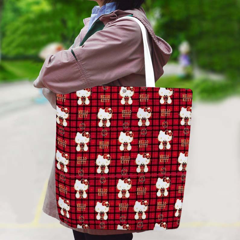 Plaid Hello Kitty Canvas Bag with Shoulder Strap - Image 1