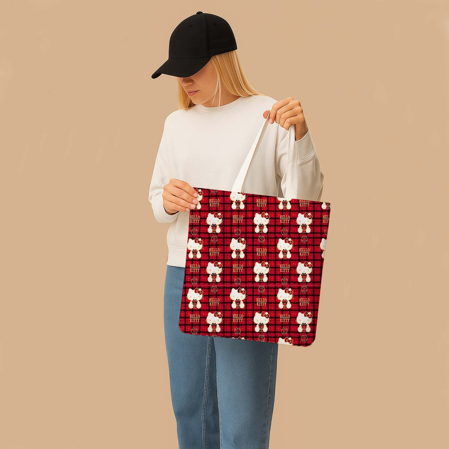 Plaid Hello Kitty Canvas Bag with Shoulder Strap - Image 3