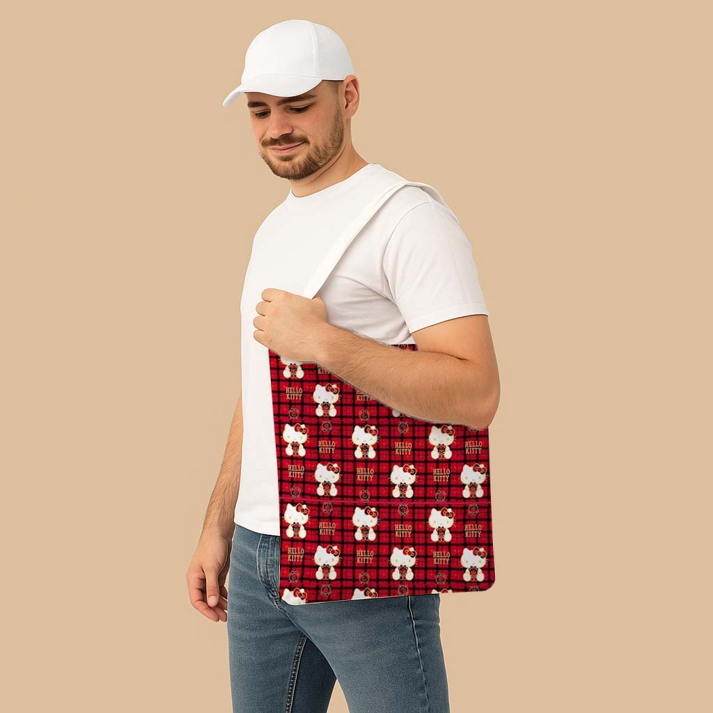 Plaid Hello Kitty Canvas Bag with Shoulder Strap - Image 4