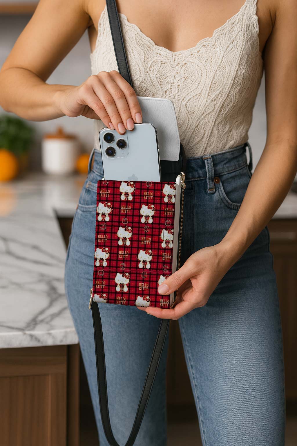 Plaid Hello Kitty Mobile Phone Chest Bag - Image 5
