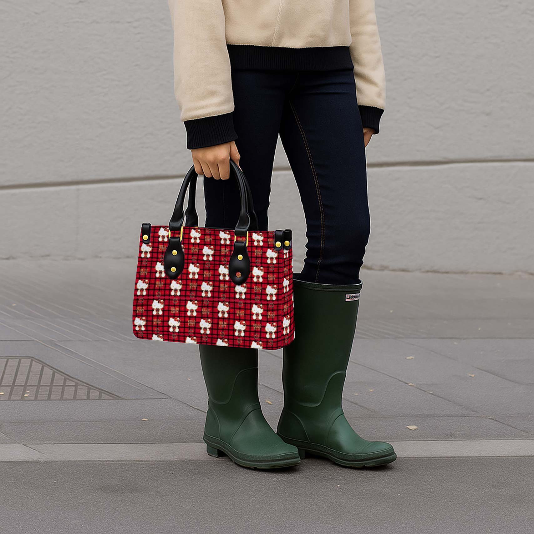 Plaid Hello Kitty Women Tote Bag with Black Handles - Image 4