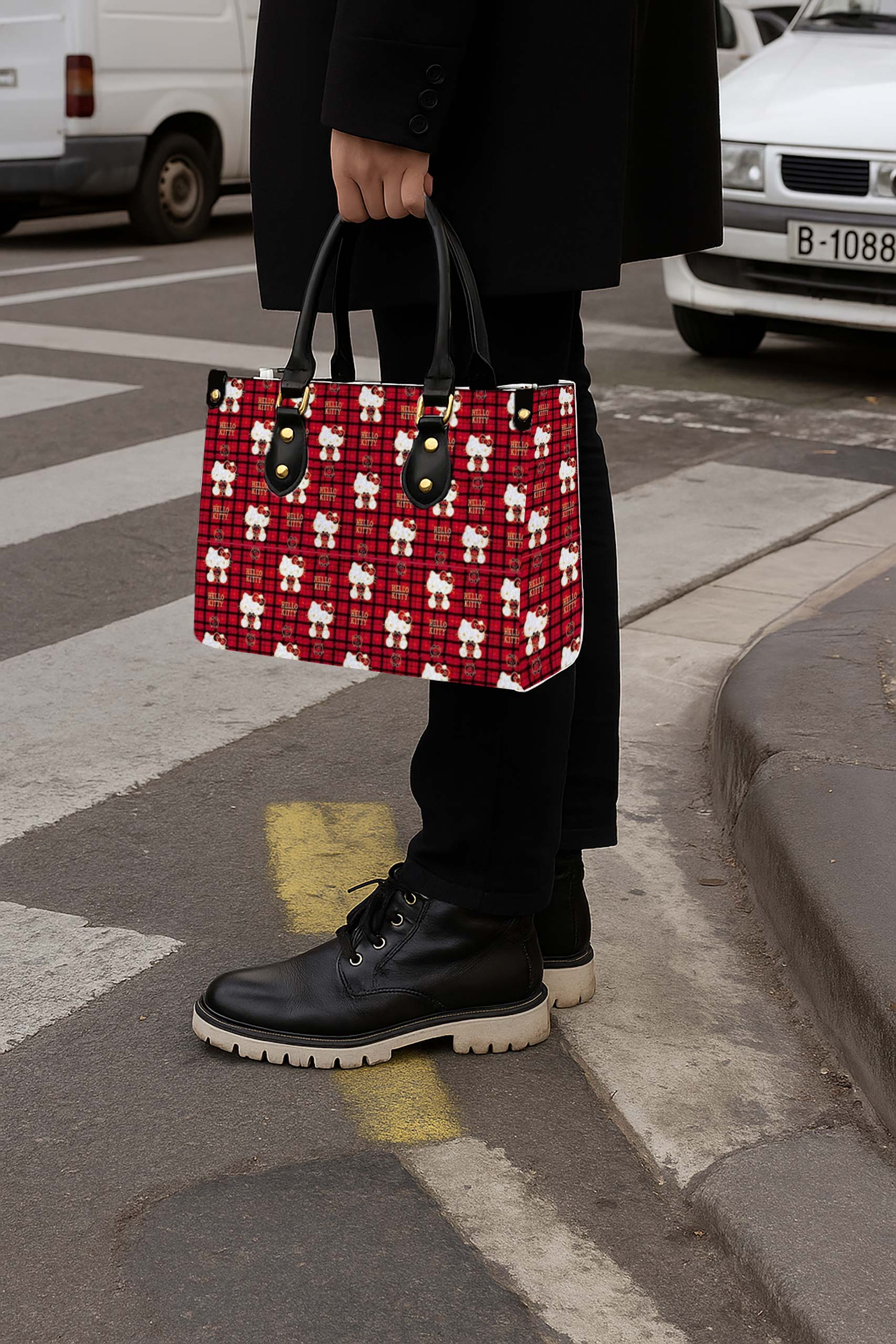 Plaid Hello Kitty Women Tote Bag with Black Handles - Image 5