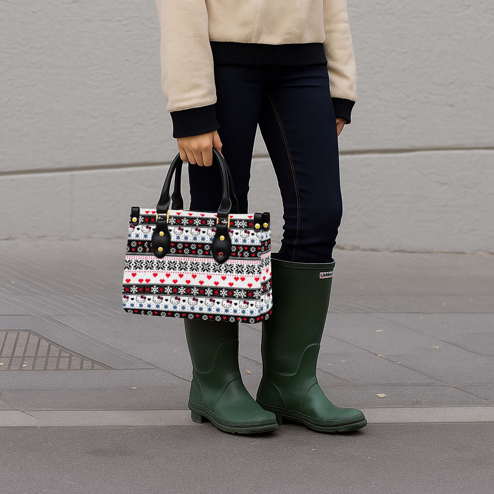 Snowflake Hello Kitty Women Tote Bag with Black Handles - Image 4