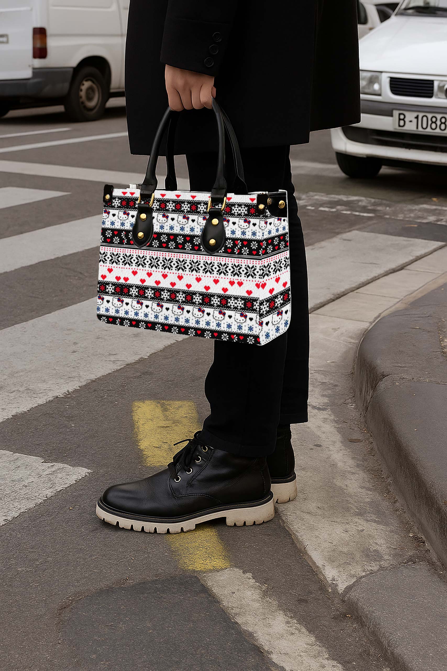 Snowflake Hello Kitty Women Tote Bag with Black Handles - Image 5